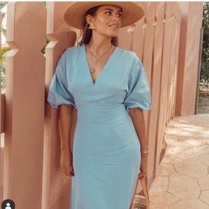 ZARA Sky Blue Voluminous Linen Midi Dress Size Medium